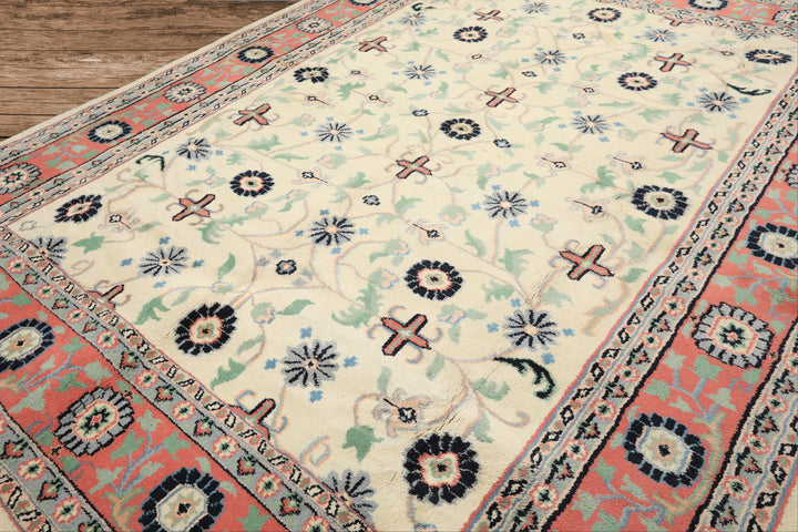 9x12 Ivory, Blush, Aqua Color Hand Knotted Organic Look Wool Traditional Oriental Rug