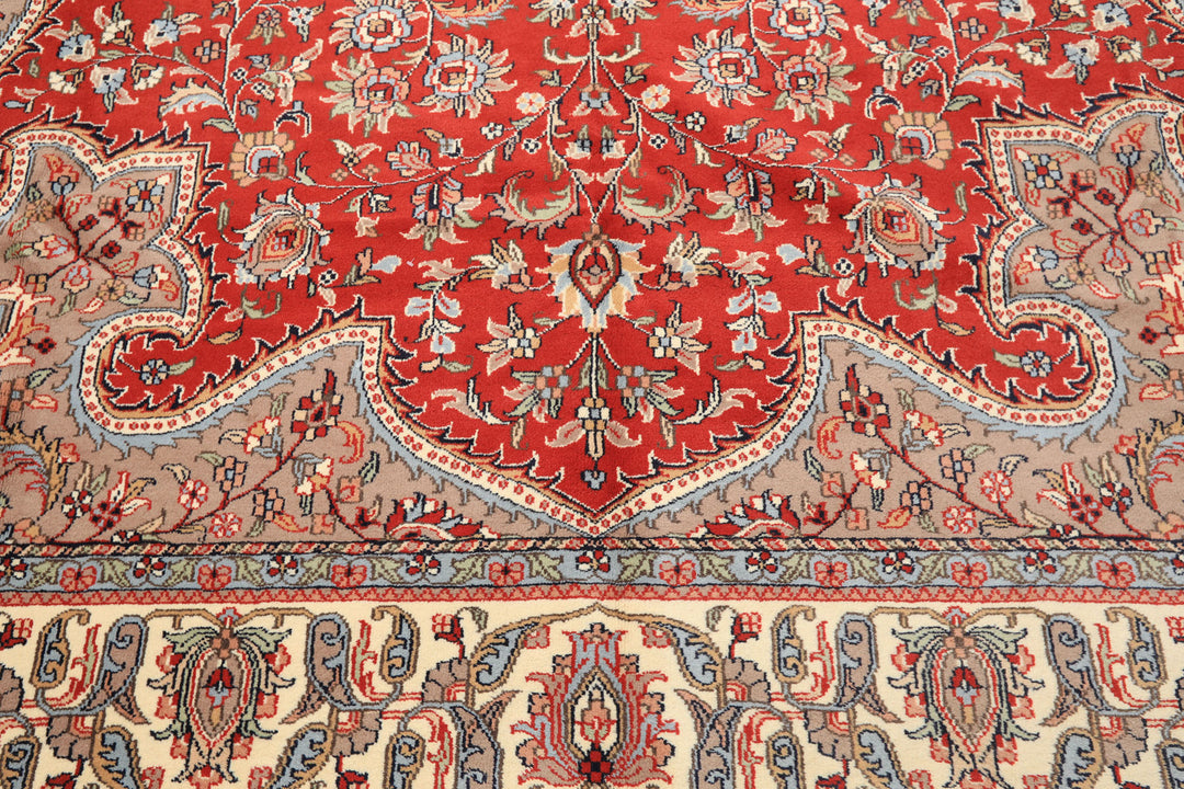 9x12 Orange, Ivory, Taupe Color Hand Knotted Indo Tabriz Wool Traditional Oriental Rug
