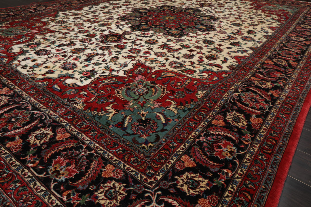 8x12 Ivory, Charcoal, Aqua Color Hand Knotted Bidjar Wool Traditional Oriental Rug