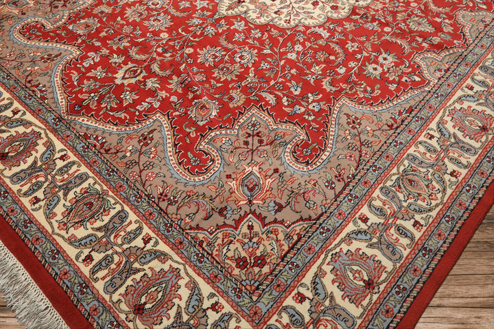 9x12 Orange, Ivory, Taupe Color Hand Knotted Indo Tabriz Wool Traditional Oriental Rug