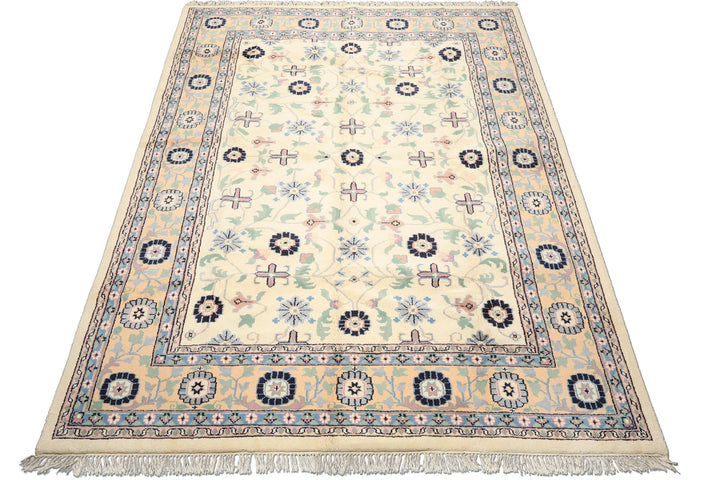 8x11 Ivory, Peach, Blue Color Hand Knotted Indo Kashan Wool Traditional Oriental Rug