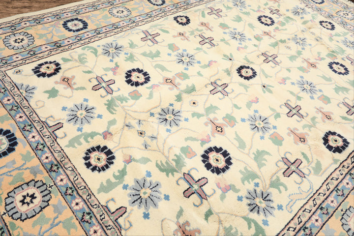 8x11 Ivory, Peach, Blue Color Hand Knotted Indo Kashan Wool Traditional Oriental Rug