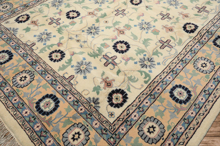 8x11 Ivory, Peach, Blue Color Hand Knotted Indo Kashan Wool Traditional Oriental Rug