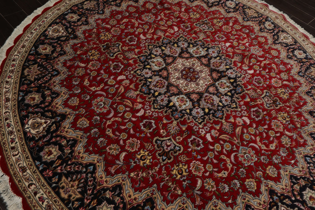 Round Red, Navy, Ivory Color Hand Knotted Tabriz Wool Traditional Oriental Rug