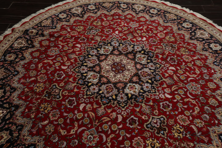 Round Red, Navy, Ivory Color Hand Knotted Tabriz Wool Traditional Oriental Rug