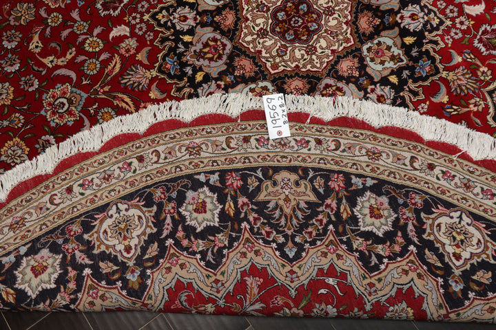 Round Red, Navy, Ivory Color Hand Knotted Tabriz Wool Traditional Oriental Rug