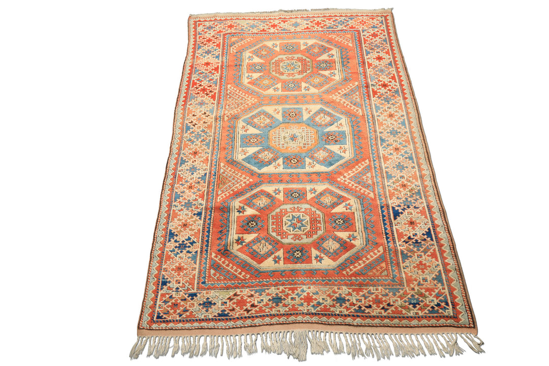 6x9 Burnt Orange, Ivory, Blue Color Hand Knotted Caucasian Kazak Wool Traditional Oriental Rug