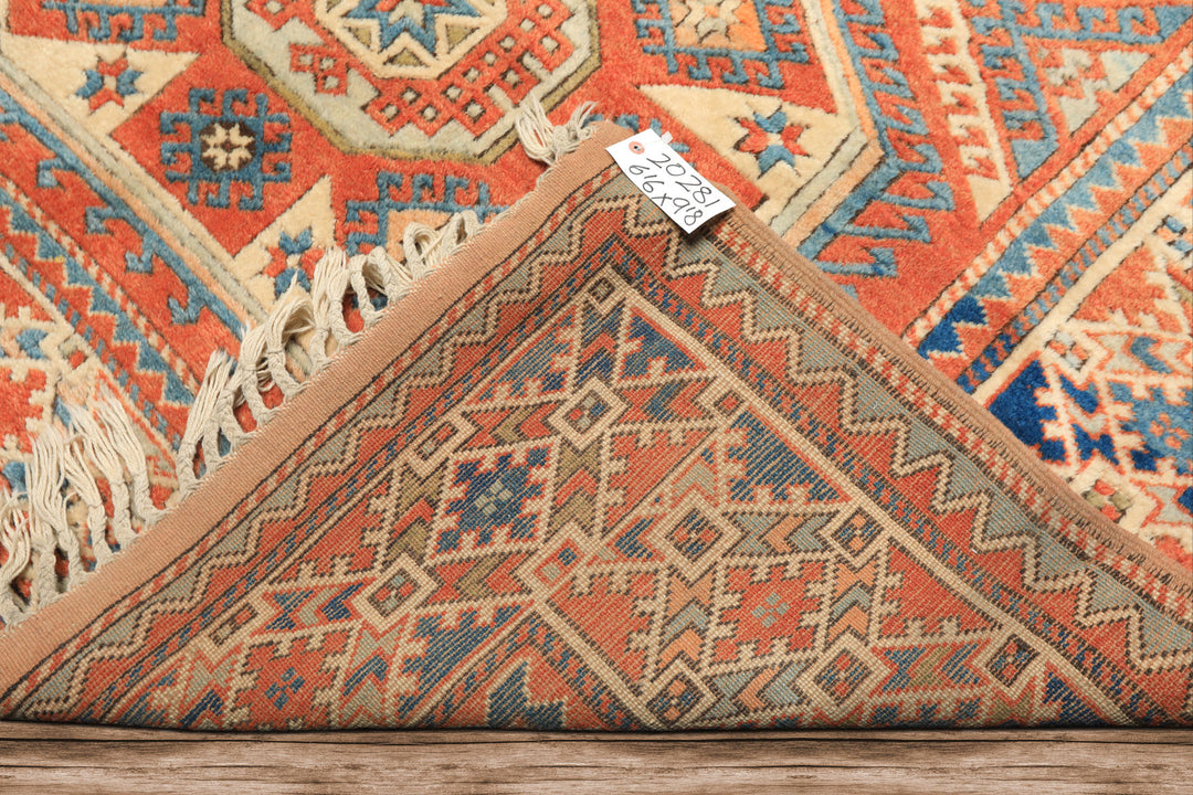 6x9 Burnt Orange, Ivory, Blue Color Hand Knotted Caucasian Kazak Wool Traditional Oriental Rug