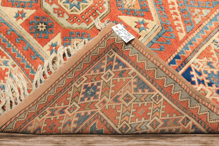 6x9 Burnt Orange, Ivory, Blue Color Hand Knotted Caucasian Kazak Wool Traditional Oriental Rug