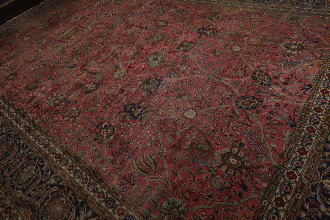 12x17 Antique Rose, Navy, Aqua Color Hand Knotted Antique Sarouk Wool Traditional Oriental Rug