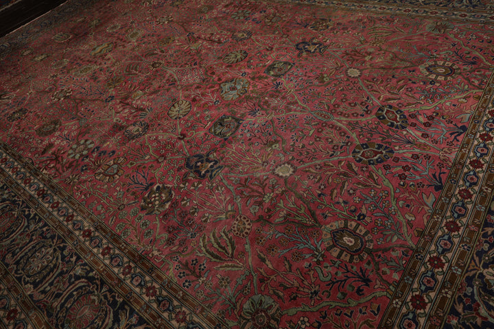 12x17 Antique Rose, Navy, Aqua Color Hand Knotted Antique Sarouk Wool Traditional Oriental Rug