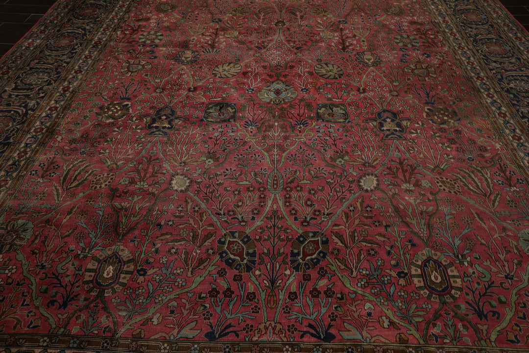 12x17 Antique Rose, Navy, Aqua Color Hand Knotted Antique Sarouk Wool Traditional Oriental Rug
