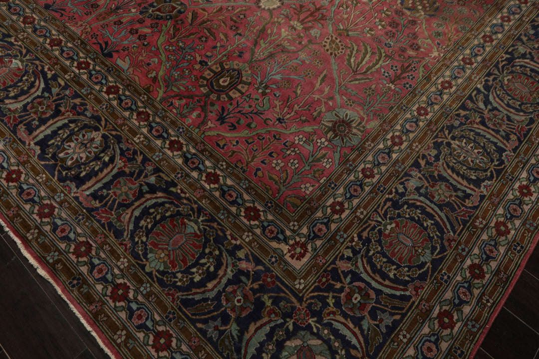 12x17 Antique Rose, Navy, Aqua Color Hand Knotted Antique Sarouk Wool Traditional Oriental Rug