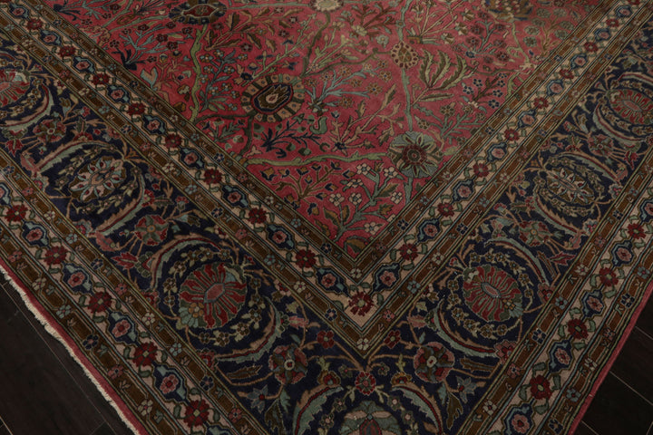 12x17 Antique Rose, Navy, Aqua Color Hand Knotted Antique Sarouk Wool Traditional Oriental Rug