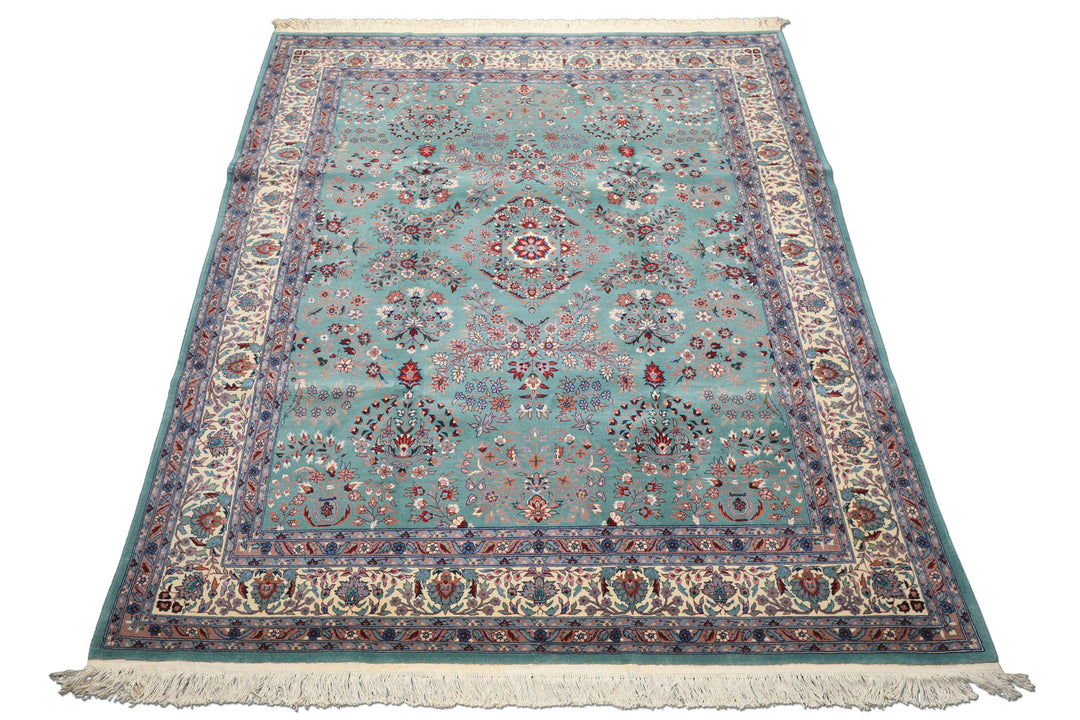 8x10 Turquoise, Ivory, Red Color Hand Knotted Indo Sarouk New Zealand Wool Traditional Oriental Rug
