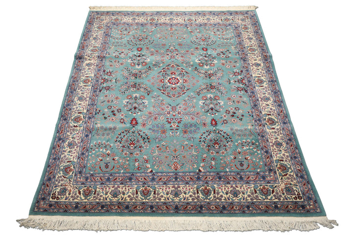 8x10 Turquoise, Ivory, Red Color Hand Knotted Indo Sarouk New Zealand Wool Traditional Oriental Rug
