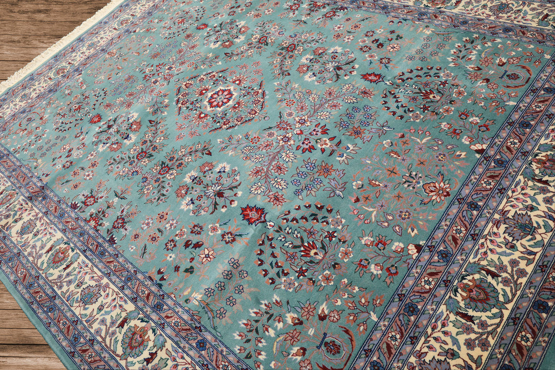 8x10 Turquoise, Ivory, Red Color Hand Knotted Indo Sarouk New Zealand Wool Traditional Oriental Rug