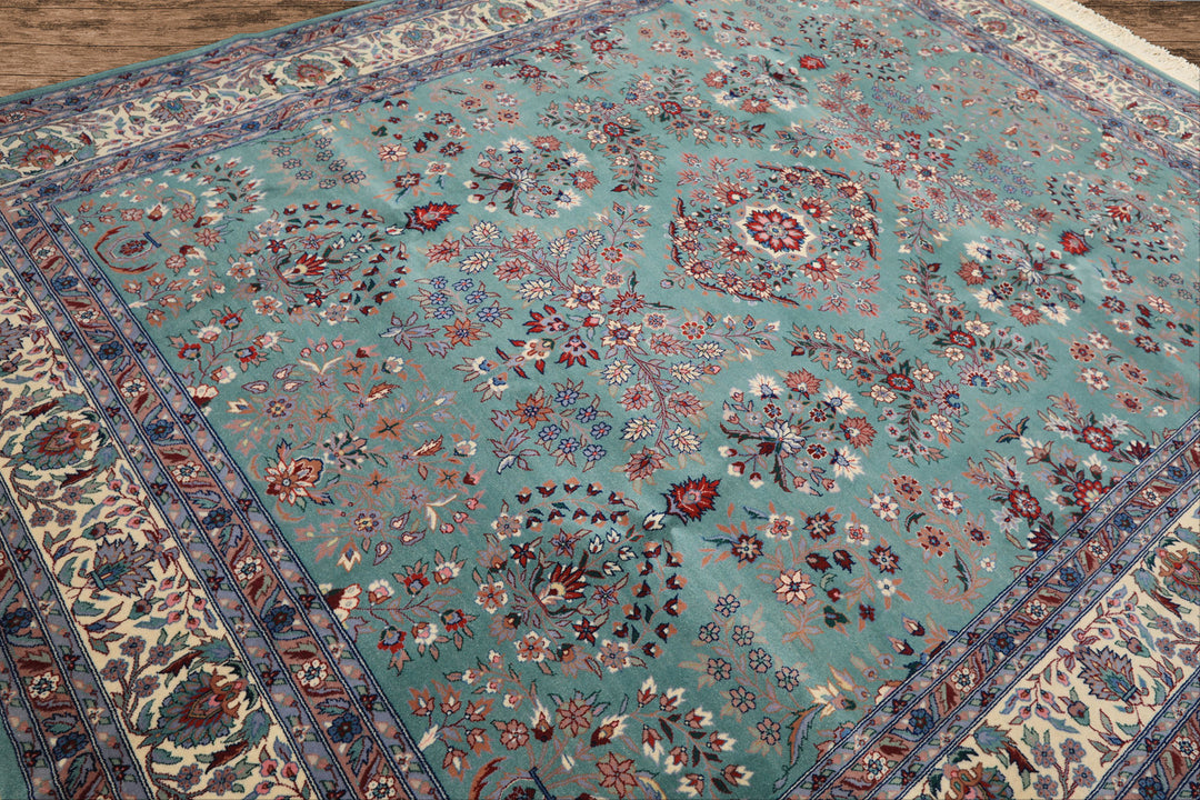 8x10 Turquoise, Ivory, Red Color Hand Knotted Indo Sarouk New Zealand Wool Traditional Oriental Rug