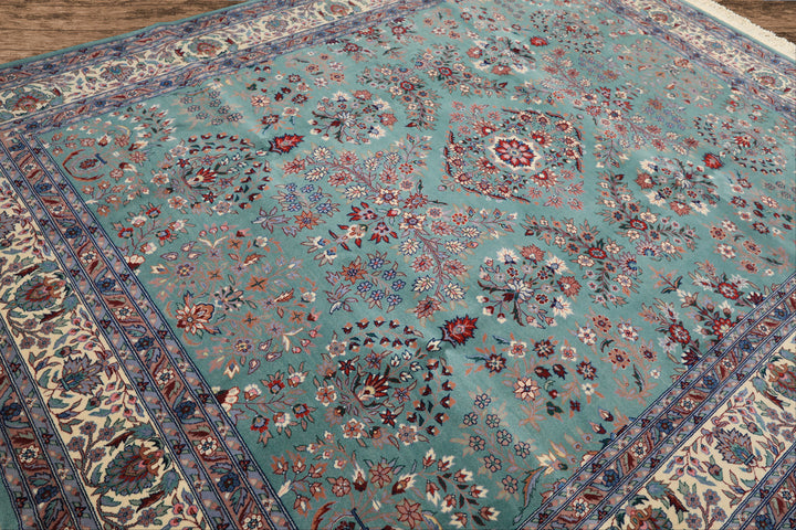 8x10 Turquoise, Ivory, Red Color Hand Knotted Indo Sarouk New Zealand Wool Traditional Oriental Rug