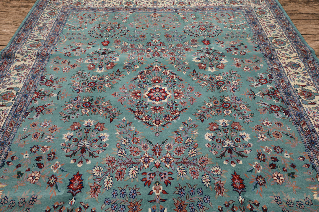 8x10 Turquoise, Ivory, Red Color Hand Knotted Indo Sarouk New Zealand Wool Traditional Oriental Rug