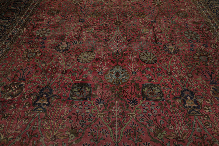 12x17 Antique Rose, Navy, Aqua Color Hand Knotted Antique Sarouk Wool Traditional Oriental Rug