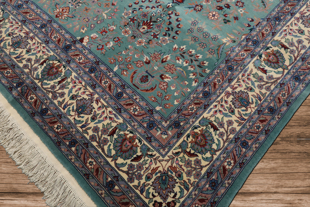 8x10 Turquoise, Ivory, Red Color Hand Knotted Indo Sarouk New Zealand Wool Traditional Oriental Rug