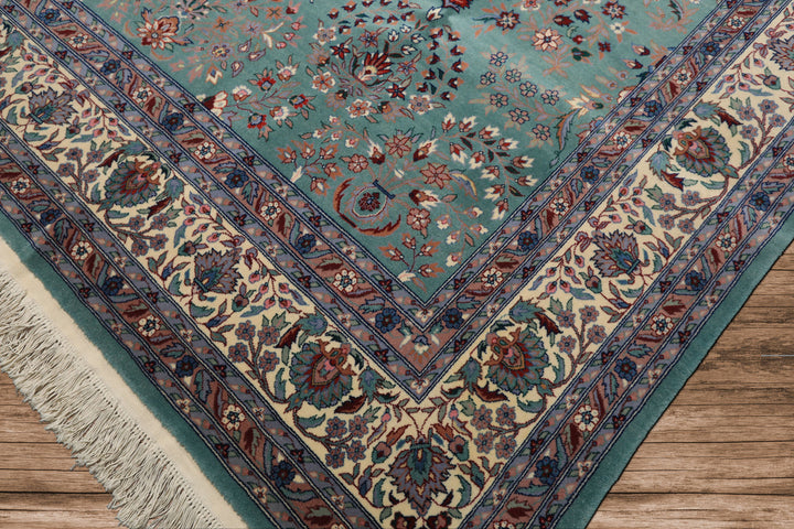 8x10 Turquoise, Ivory, Red Color Hand Knotted Indo Sarouk New Zealand Wool Traditional Oriental Rug