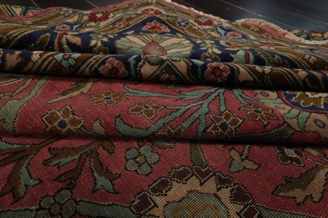 12x17 Antique Rose, Navy, Aqua Color Hand Knotted Antique Sarouk Wool Traditional Oriental Rug