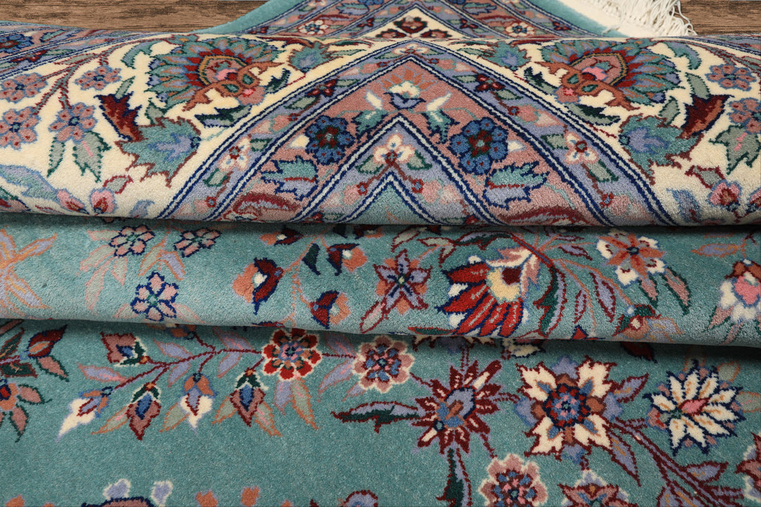 8x10 Turquoise, Ivory, Red Color Hand Knotted Indo Sarouk New Zealand Wool Traditional Oriental Rug