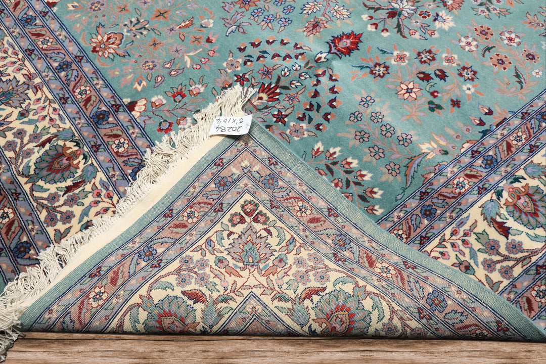 8x10 Turquoise, Ivory, Red Color Hand Knotted Indo Sarouk New Zealand Wool Traditional Oriental Rug