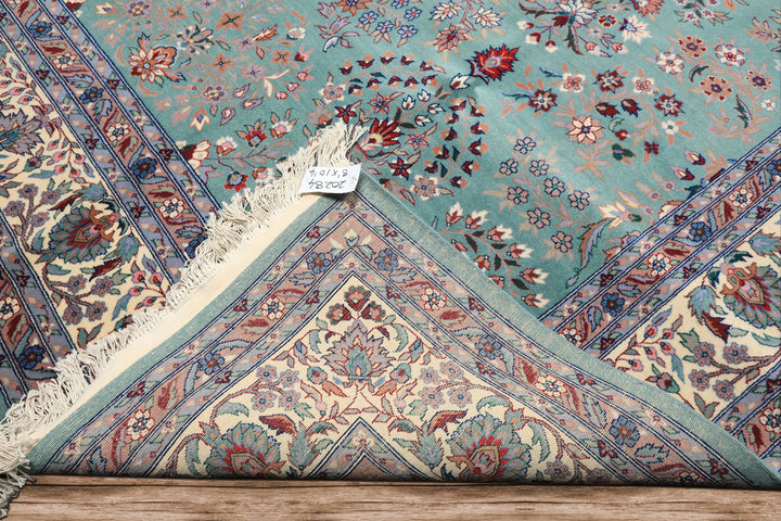 8x10 Turquoise, Ivory, Red Color Hand Knotted Indo Sarouk New Zealand Wool Traditional Oriental Rug