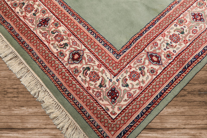 8x10 Mint, Ivory, Blush Color Hand Knotted Indo Tabriz Wool Traditional Oriental Rug