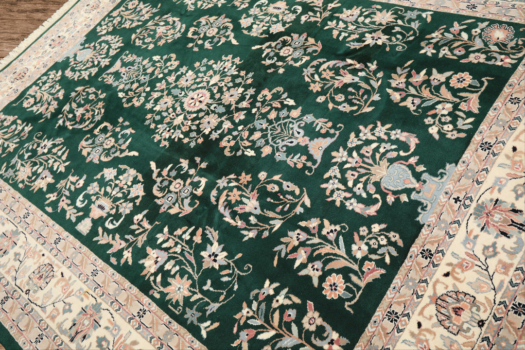 8x10 Emerald, Ivory, Blush Color Hand Knotted Indo Kashan Wool Traditional Oriental Rug