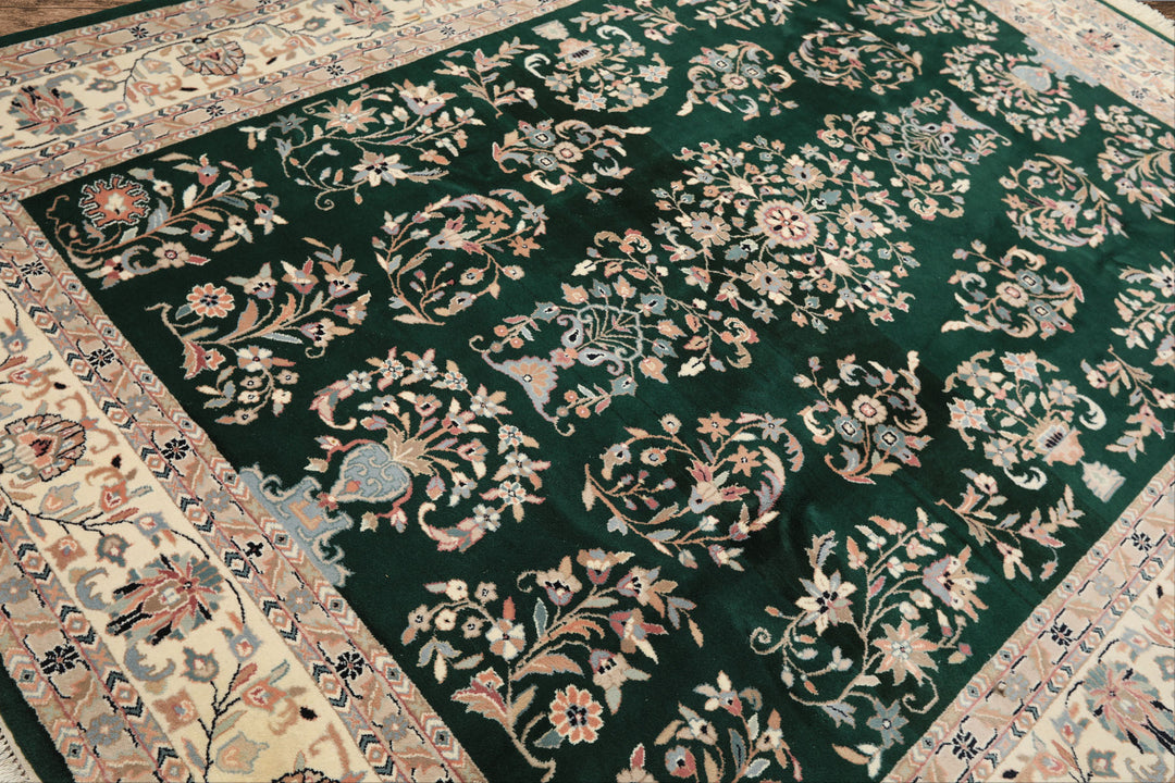 8x10 Emerald, Ivory, Blush Color Hand Knotted Indo Kashan Wool Traditional Oriental Rug