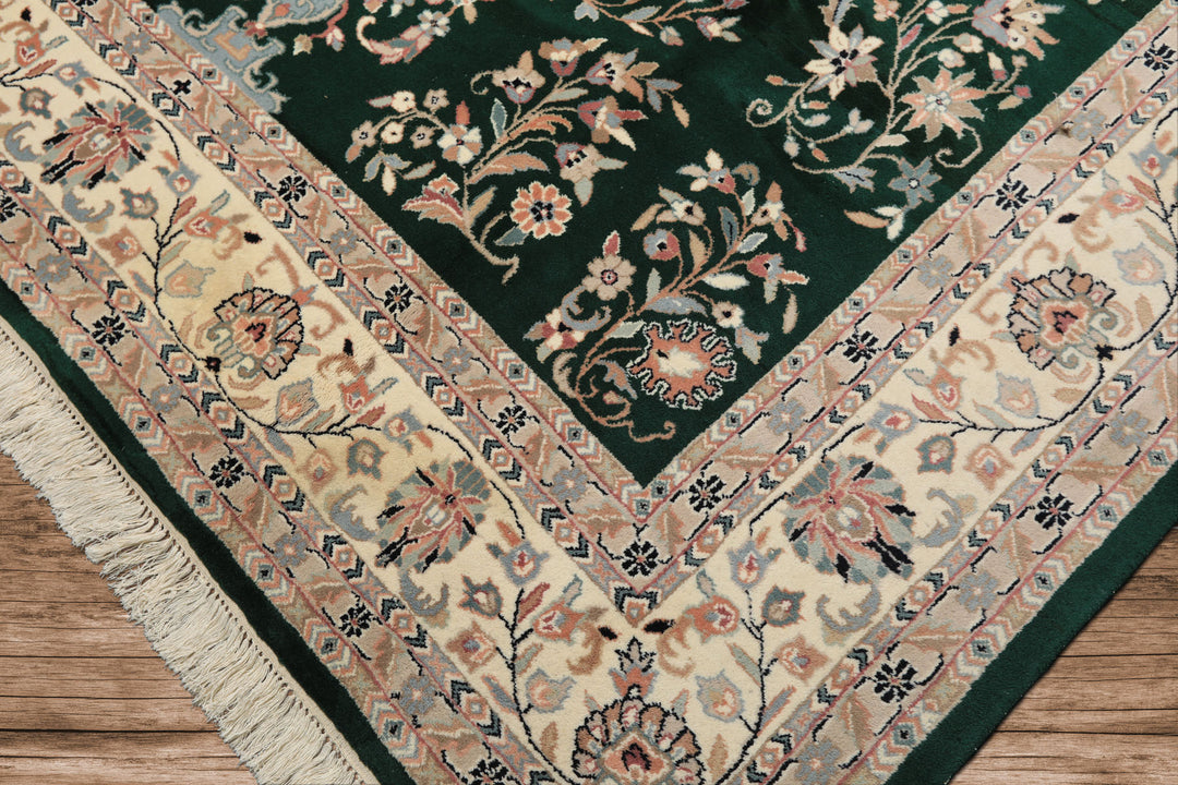 8x10 Emerald, Ivory, Blush Color Hand Knotted Indo Kashan Wool Traditional Oriental Rug