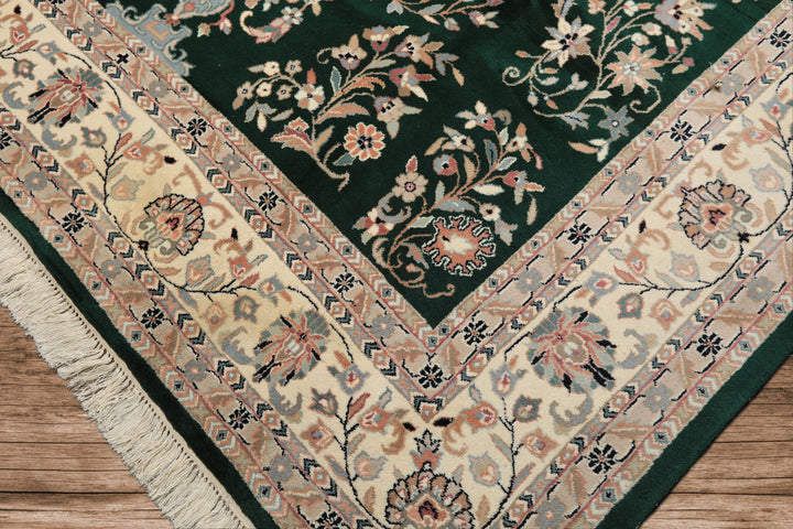 8x10 Emerald, Ivory, Blush Color Hand Knotted Indo Kashan Wool Traditional Oriental Rug