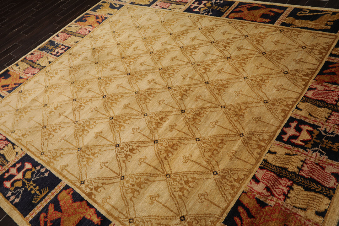 8x10 Beige, Gold, Midnight Blue Color Hand Knotted Tibetan Wool Transitional Oriental Rug