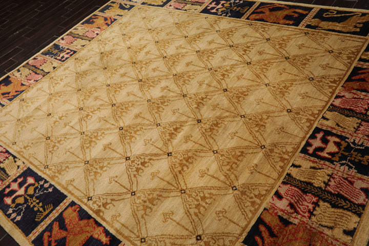 8x10 Beige, Gold, Midnight Blue Color Hand Knotted Tibetan Wool Transitional Oriental Rug