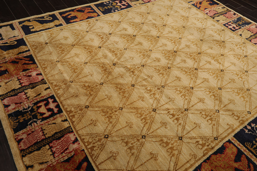 8x10 Beige, Gold, Midnight Blue Color Hand Knotted Tibetan Wool Transitional Oriental Rug