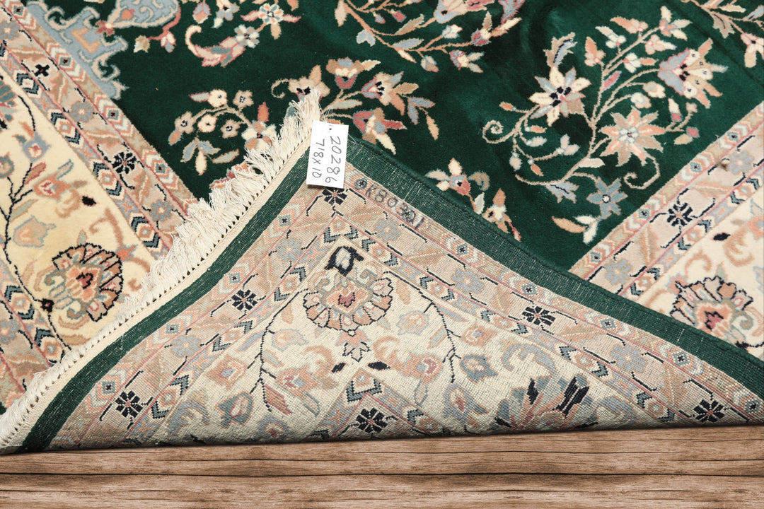 8x10 Emerald, Ivory, Blush Color Hand Knotted Indo Kashan Wool Traditional Oriental Rug