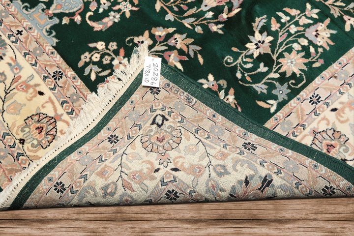 8x10 Emerald, Ivory, Blush Color Hand Knotted Indo Kashan Wool Traditional Oriental Rug