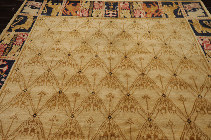 8x10 Beige, Gold, Midnight Blue Color Hand Knotted Tibetan Wool Transitional Oriental Rug