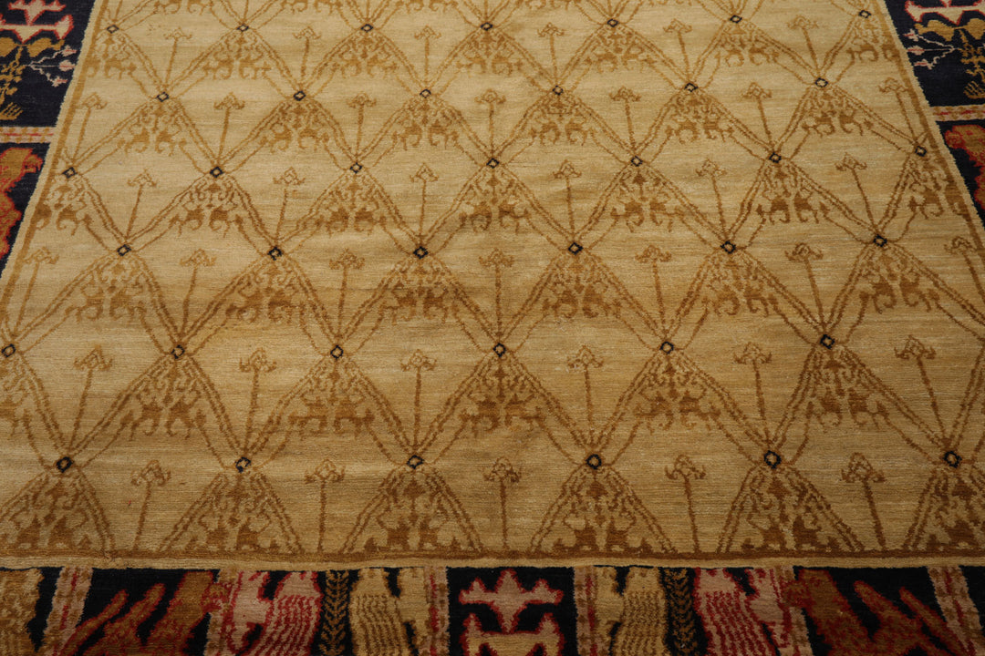 8x10 Beige, Gold, Midnight Blue Color Hand Knotted Tibetan Wool Transitional Oriental Rug