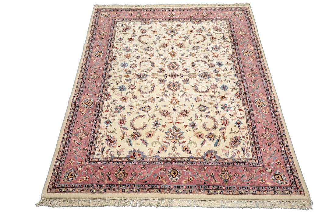 8x10 Ivory, Dusty Rose, Sage Color Hand Knotted Indo Kashan Wool Traditional Oriental Rug