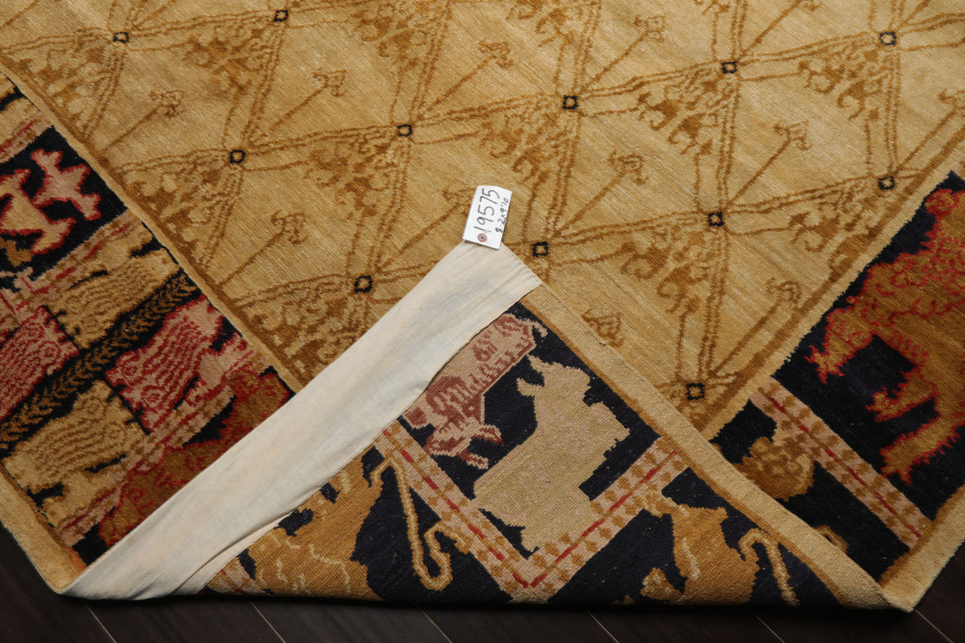 8x10 Beige, Gold, Midnight Blue Color Hand Knotted Tibetan Wool Transitional Oriental Rug