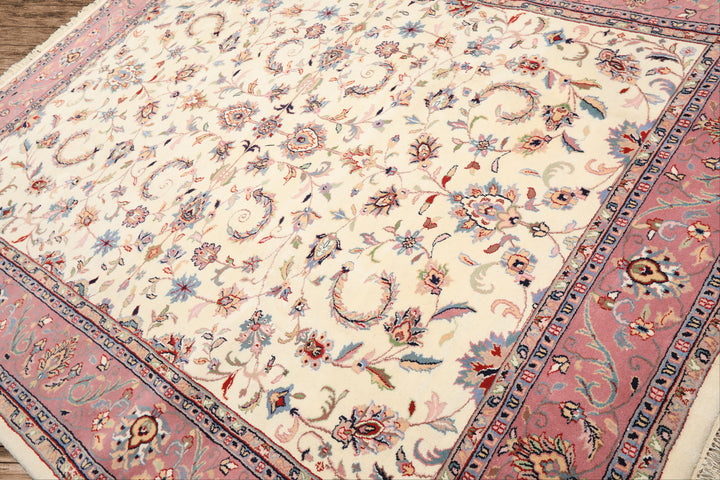 8x10 Ivory, Dusty Rose, Sage Color Hand Knotted Indo Kashan Wool Traditional Oriental Rug
