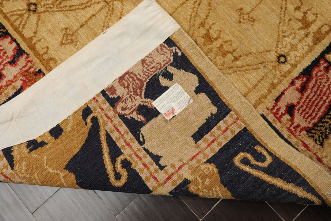 8x10 Beige, Gold, Midnight Blue Color Hand Knotted Tibetan Wool Transitional Oriental Rug