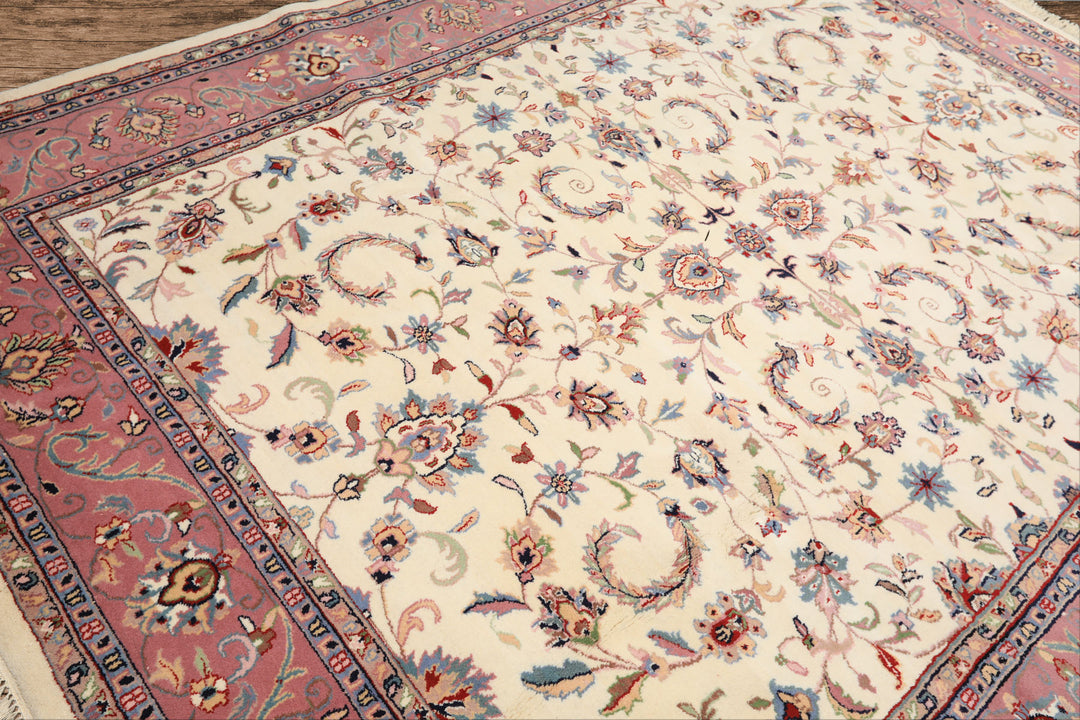 8x10 Ivory, Dusty Rose, Sage Color Hand Knotted Indo Kashan Wool Traditional Oriental Rug