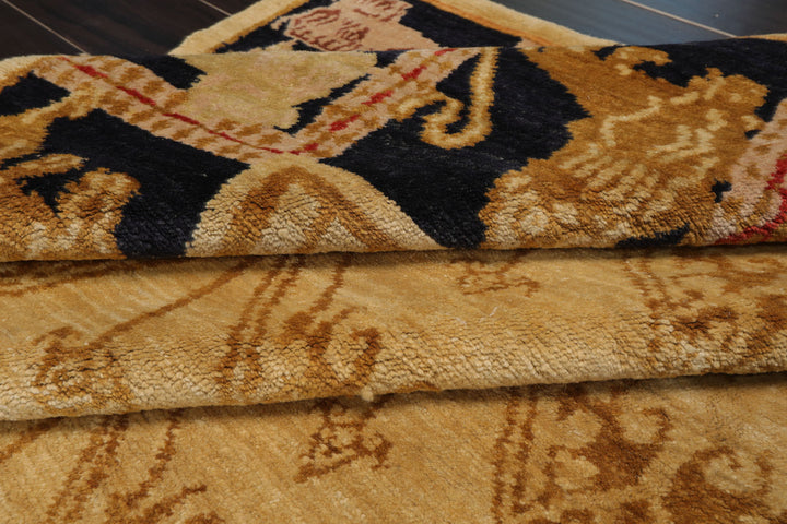 8x10 Beige, Gold, Midnight Blue Color Hand Knotted Tibetan Wool Transitional Oriental Rug