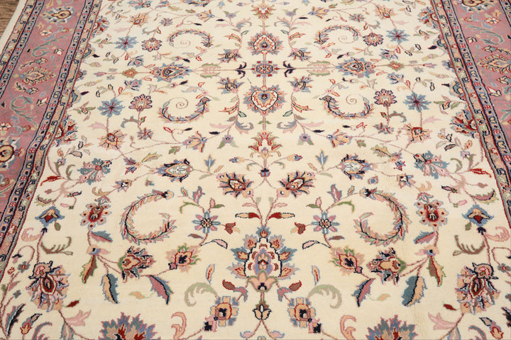 8x10 Ivory, Dusty Rose, Sage Color Hand Knotted Indo Kashan Wool Traditional Oriental Rug